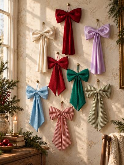 1pc Christmas Hanging Bow Decor Xmas Wall Ornament Festive Door Pendant Holiday Home Decorations For Mantel Window Wreath Fireplace Farmhouse Style Seasonal Party Backdrop Indoor Wall Decor Christmas Gift Decorative