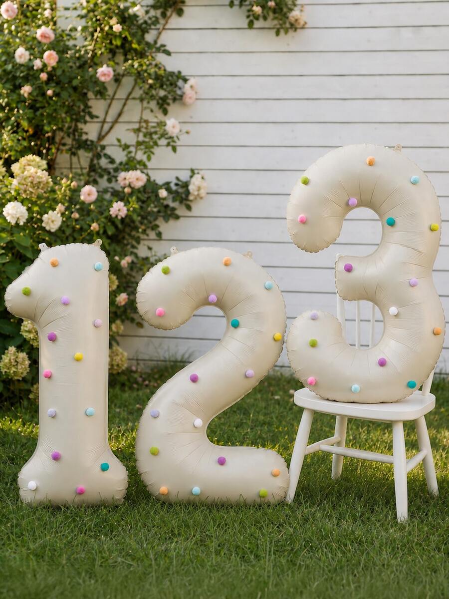 1 Set 32-Inch Cream-Colored Number Foil Balloons With Colorful Plush Balls, Suitable For Birthday Party Decoration, Baby Shower, Gathering (Self-Adhesive Plush Balls, Random Colors)