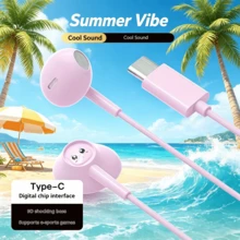 Type-C 介面有線入耳式耳機，高品質音效，HD 通話麥克風，沉浸式低音，通用入耳式耳機附音量控制，相容 iPhone 16/15 Pro Max/17 Air，支援 Type-C 有線耳機，入耳式設計，適合遊戲與降噪通話 - 粉色 - 查看 6