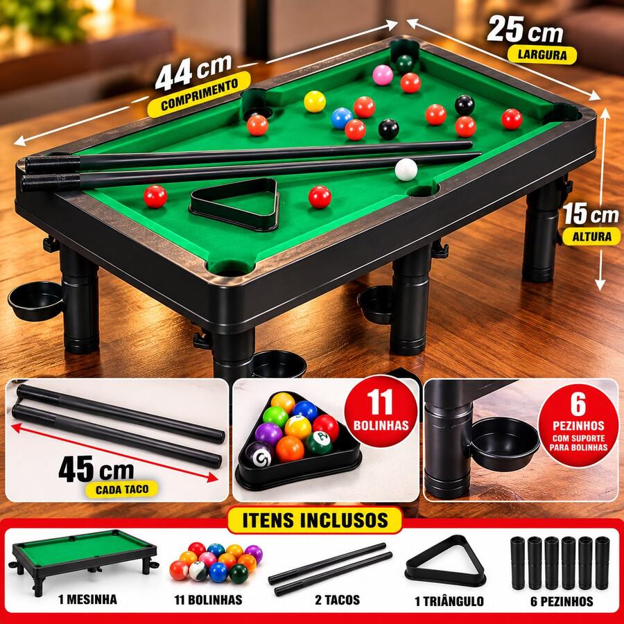 Mesa de Sinuca Bilhar Infantil Snooker Portátil com 2 Tacos