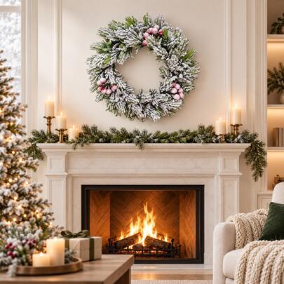 Weihnachtsdekorationen: Weihnachtskränze, Weidenreben, Wandbehang, Türbehang, Schaufensterdekorationen und Szenenarrangements für festliche Dekoration.