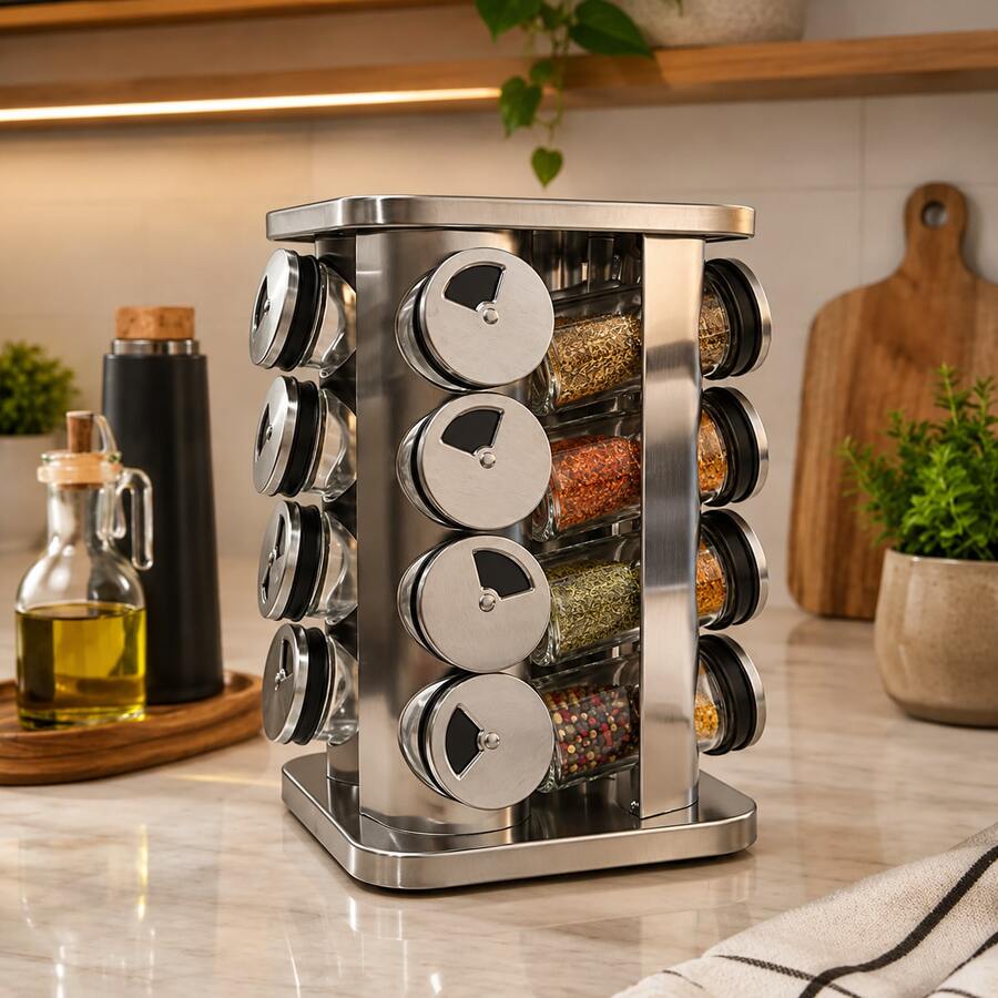 Porta Tempero Condimento de Inox Giratório com 16 Potes