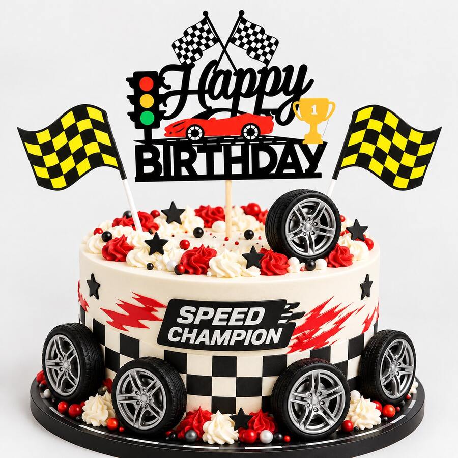 Bộ trang trí bánh sinh nhật chủ đề đua xe 8 món – gồm cờ caro, topper "Happy Birthday" và trang trí lốp xe đua; phù hợp cho tiệc sinh nhật chủ đề đua xe và bánh 8 hoặc 10 inch - Nhiều màu - Xem 1