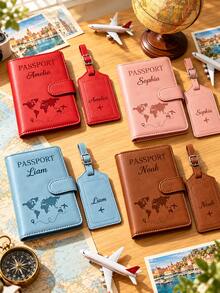 Custom Engraved Passport Cover And Luggage Tag Set, Personalized PU Leather Passport Holder, World Map Travel Document Protector, Customized Name Travel Gift, Suitable For Holiday Travel - Multicolor - View 6