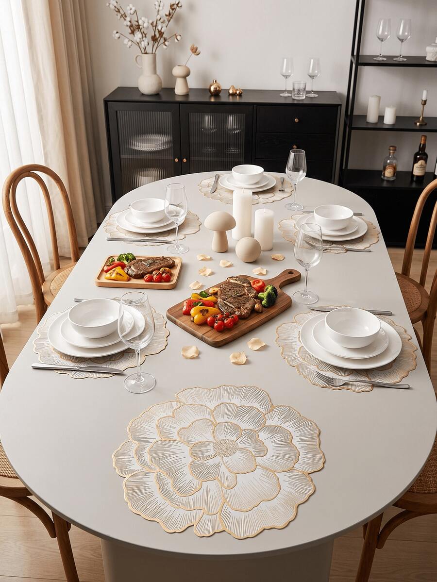 1-120pcs Gold Flower Design PVC Placemats, Washable, Easy To Clean, Wipe-Clean, Non-Slip, Holiday Wedding Party Dining Table Decor - Gold - View 1