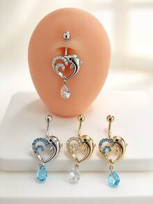 1pc Copper Inlaid Zirconia Heart Dolphin Water Drop Pendant Belly Ring Suitable For Daily Wear - Dolphin Belly Piercing - View 1