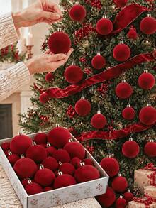 42pcs/Set Red Christmas Flocked Balls, Flocked Christmas Decorations, Handmade Flocked Balls, Christmas Tree Decorations, Christmas Tree Ball Lights, Suitable For Wedding Anniversary Party, Winter Decorations, Christmas Atmosphere Home Decor (No Electricity Required) - Red Velvet Christmas Ball - View 1