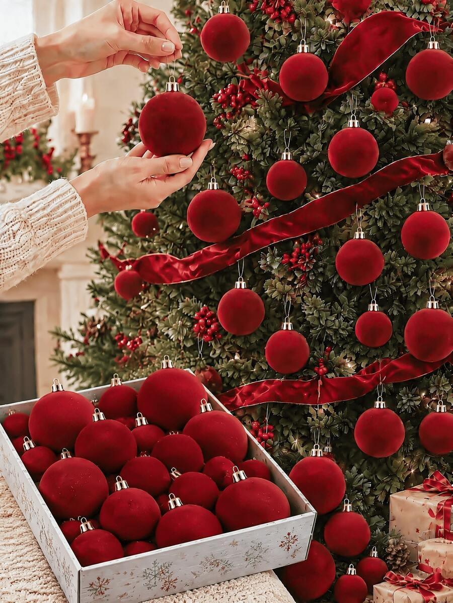 42pcs/Set Red Christmas Flocked Balls, Flocked Christmas Decorations, Handmade Flocked Balls, Christmas Tree Decorations, Christmas Tree Ball Lights, Suitable For Wedding Anniversary Party, Winter Decorations, Christmas Atmosphere Home Decor (No Electricity Required) - Red Velvet Christmas Ball - View 1