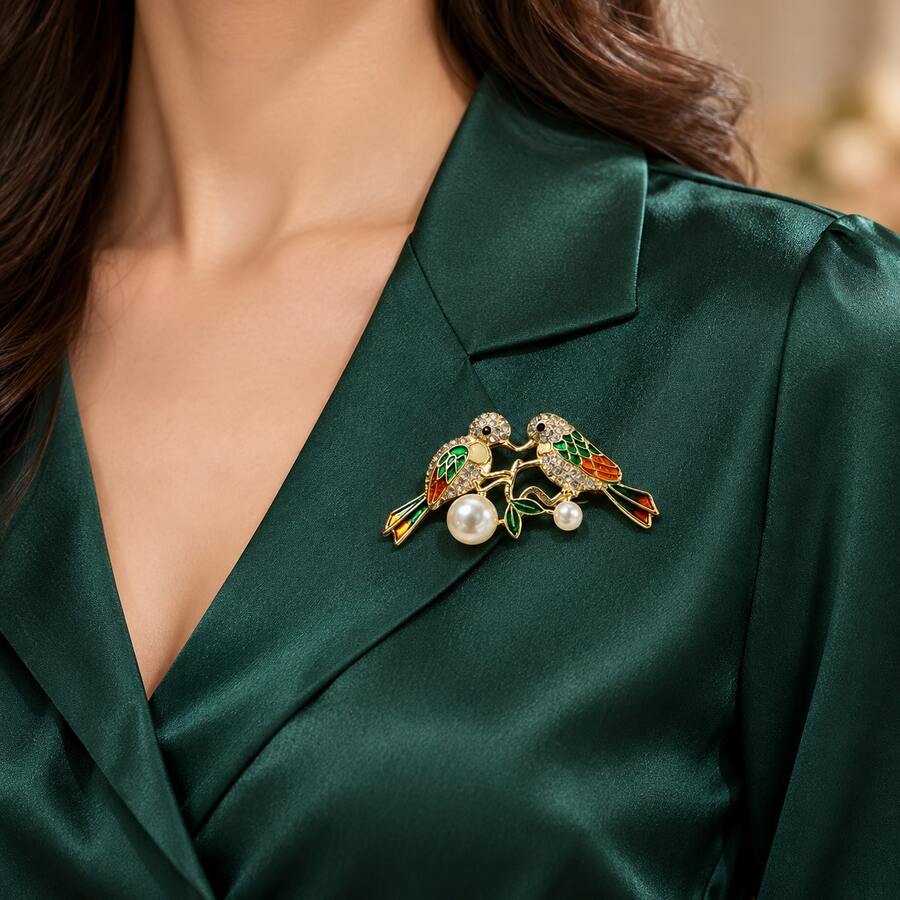 1pc New Retro Double‑Bird Brooch, Luxury Chinese‑Style Magpie Pin Daily Commuter Coat Scarf Sweater Clothing Accessory Valentine's Day Confession Gift - Multicolor - View 1