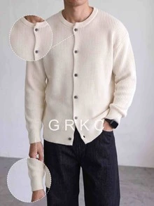 GRKC Men's Round Neck Button Cardigan Knit Sweater, Long Sleeve, Dropped Shoulder, Soft Urban Minimalist Layering Knit Top, Autumn/Winter - Apricot - View 2