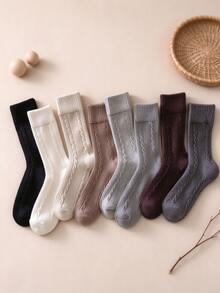 Japanese Style Textured Cable Knit Mid-Calf Socks, Soft Breathable Solid Color Vintage Casual Versatile Cotton Socks For Men - Multicolor - View 2