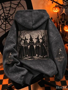 Women's Grey Witch Pattern Hooded Long Sleeve Crew Neck Pullover, Suitable For Autumn And Halloween, Washed Vintage Distressed Sweatshirt, Printed Pattern Sweatshirt, Plus Size Women's Casual Autumn/Winter Long Sleeve Pocket Sweatshirt, Suitable For Winter Holiday, Beach, Vacation, Autumn, Halloween, Christmas, New Year Outfits. Suitable For Daily Wear, Going Out, Outings, Holidays, Beach, Party, Birthday, Beach, Gathering, School, Music Festival, Vacation. - Black - View 1