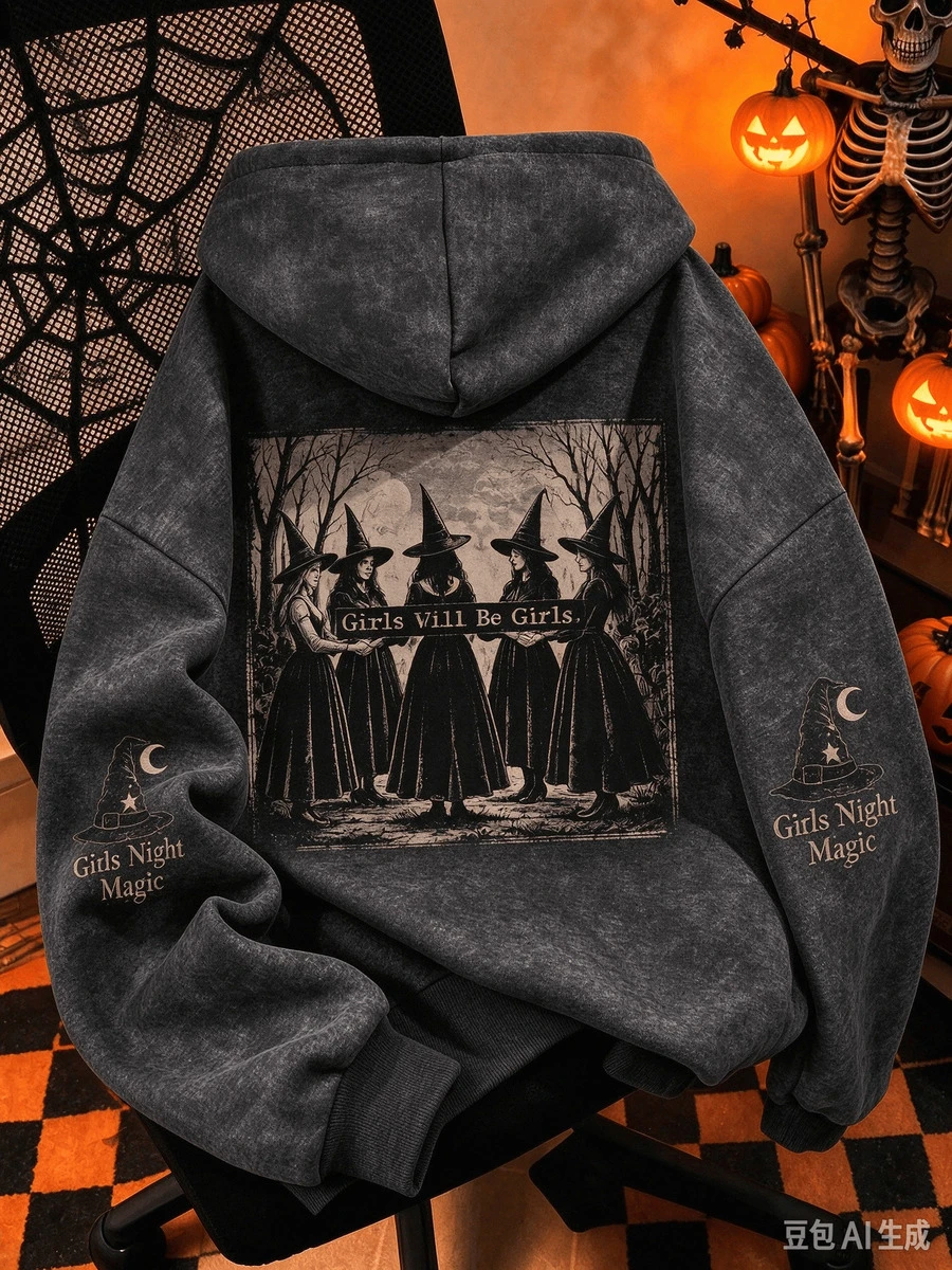 Women's Grey Witch Pattern Hooded Long Sleeve Crew Neck Pullover, Suitable For Autumn And Halloween, Washed Vintage Distressed Sweatshirt, Printed Pattern Sweatshirt, Plus Size Women's Casual Autumn/Winter Long Sleeve Pocket Sweatshirt, Suitable For Winter Holiday, Beach, Vacation, Autumn, Halloween, Christmas, New Year Outfits. Suitable For Daily Wear, Going Out, Outings, Holidays, Beach, Party, Birthday, Beach, Gathering, School, Music Festival, Vacation. - Black - View 1