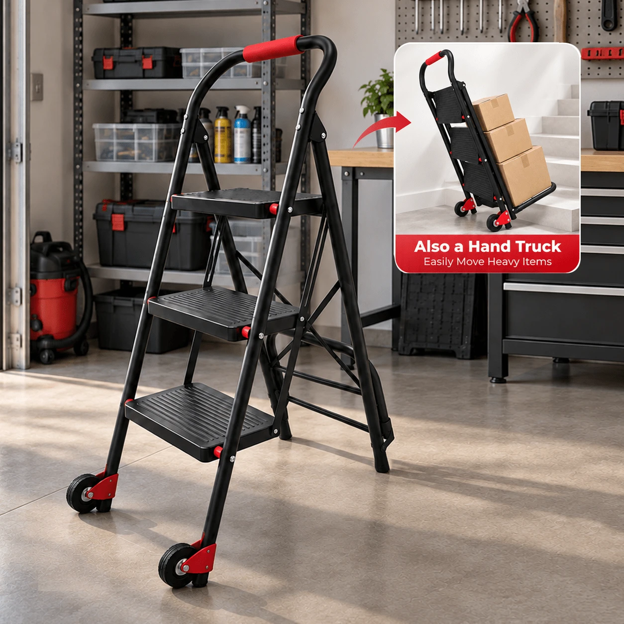 ERUIV 2-In-1 Folding Ladder With Wheels, 3-Step Ladder And Hand Truck, Convertible Rolling Cart With Ladder, Portable Folding Ladder For Home, Kitchen, Garage, And Moving - Black - View 1