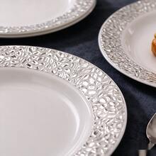 10/20/25pcs (7.5 Inch/10.25 Inch) White Base Silver Rim Plates, Multiple Sizes Available, Kitchen Tableware, High-Quality Appetizer Plates, Easy To Clean And Reusable, Suitable For Serving Dishes, Fruits, Salads, Desserts, Appetizers, Perfect For Weddings, Picnics, Gatherings, Birthdays, Parties, Holiday Celebrations And Thanksgiving, Christmas, Easter, Halloween - White - View 9