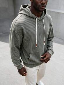 Men's Casual Olive Green Vertical Striped Sweatshirt, Minimalist Drawstring Pullover Sweatshirt - Green - View 3