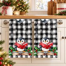 2pcs Black & White Plaid Penguin Pattern Christmas Kitchen Towels, Snowflake Print Tea Towels, Christmas Towels, Winter Holiday Kitchen Home Decor Gifts - Multicolor - View 3