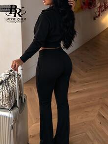 BADDIE REALM 女款 2 件組黑色長袖羅紋前拉鍊短版街頭風休閒日常套裝 - 黑色 - 查看 7