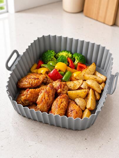 1pc Reusable Silicone Air Fryer Liner Square Pot With Dual Handles, Heat-Resistant Non-Stick Baking Basket, Suitable For Oven, Microwave And Kitchen Supplies