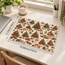 1pc Beige Christmas Tree & Gift Pattern Placemat, Warm Vintage Christmas Style Rectangular Table Mat, Christmas Tree, Gift Box, Pine Branch, Red Berry & Pine Cone Full Print Design, Suitable For Christmas, Winter, Dining Table, Kitchen & Holiday Home Decor - Multicolor - View 16
