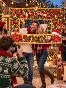 Christmas Polyester Photo Booth Frame Banner, Merry Christmas Red Bow Bell Poinsettia Holly Ornament Gift Print Photo Prop, Holiday Party Photo Backdrop For Family Gathering Indoor Outdoor Xmas Decorations - C - View 2