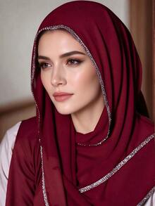 1pc Women's Heavy Embellished Rhinestone Trim Solid Color Scarf, Moroccan Rhinestone Muslim Headscarf, Red Autumn Women's Headscarf - Multicolor - View 7