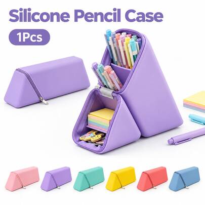 1pc Silicone Pencil Case Foldable Expandable Large Capacity Rhombus Zipper Dual Use Desktop Stationery Storage Pouch Organizer For Student Office