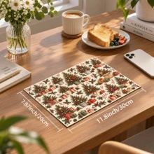 1pc Beige Christmas Tree & Gift Pattern Placemat, Warm Vintage Christmas Style Rectangular Table Mat, Christmas Tree, Gift Box, Pine Branch, Red Berry & Pine Cone Full Print Design, Suitable For Christmas, Winter, Dining Table, Kitchen & Holiday Home Decor - Multicolor - View 13