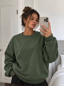 Women's Green Autumn/Winter New Loose Minimalist Solid Color Crew Neck Sweatshirt, Casual Fashion Versatile Daily Wear - Green - View 1