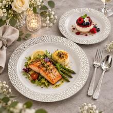10/20/25pcs (7.5 Inch/10.25 Inch) White Base Silver Rim Plates, Multiple Sizes Available, Kitchen Tableware, High-Quality Appetizer Plates, Easy To Clean And Reusable, Suitable For Serving Dishes, Fruits, Salads, Desserts, Appetizers, Perfect For Weddings, Picnics, Gatherings, Birthdays, Parties, Holiday Celebrations And Thanksgiving, Christmas, Easter, Halloween - White - View 11