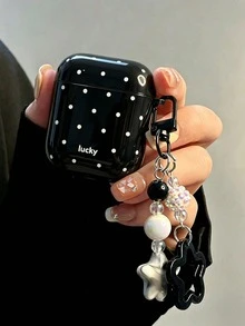 Lucky Polka Dot Protective Case With Star Keychain Pendant, TPU Protective Shell, Compatible With AirPods 1/2/3/4/5/Pro/Pro 2/3, Fits Compatible With Airpods All Series, Commute Highly Attractive Earphone Case Gift Choice, Outfit Accessory - Lucky White Polka Dot + Pendant - View 3