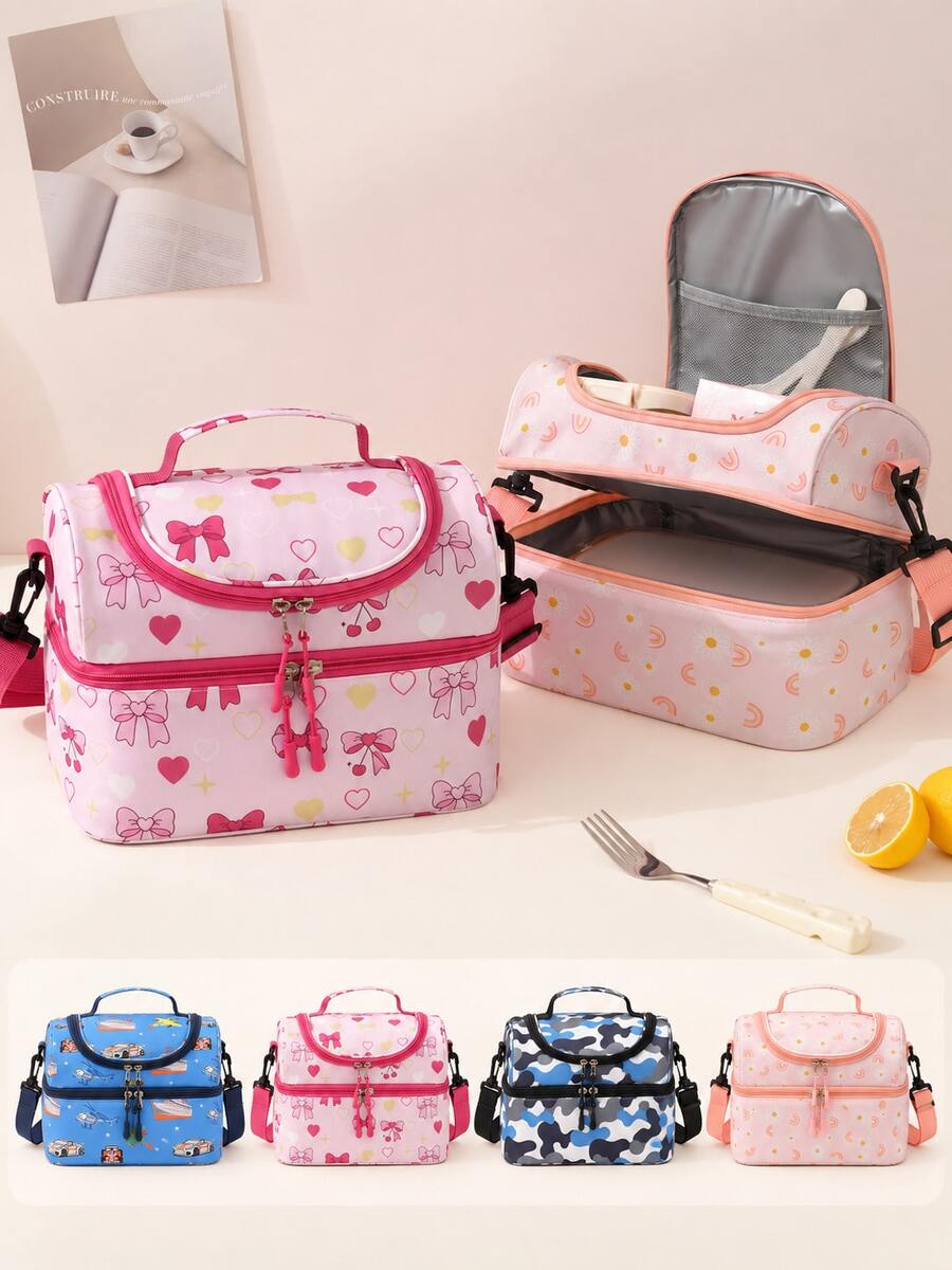 Large Capacity Double Layer Insulated Lunch Bag, Cute Cartoon Print, Adjustable Shoulder Strap, Portable Student Bento Bag, Suitable For Back To School, Classroom, Travel, Camping, Beach, Holiday Essentials, Gift For Girls And Women, Travel Essentials, Room Decor