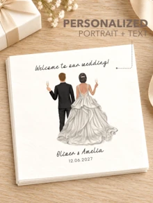 Custom Wedding Portrait Napkins, Personalized Couple Illustration, Name, Date And Text, White Paper Napkins, Suitable For Reception, Bridal Shower And Party - Multicolor - View 1