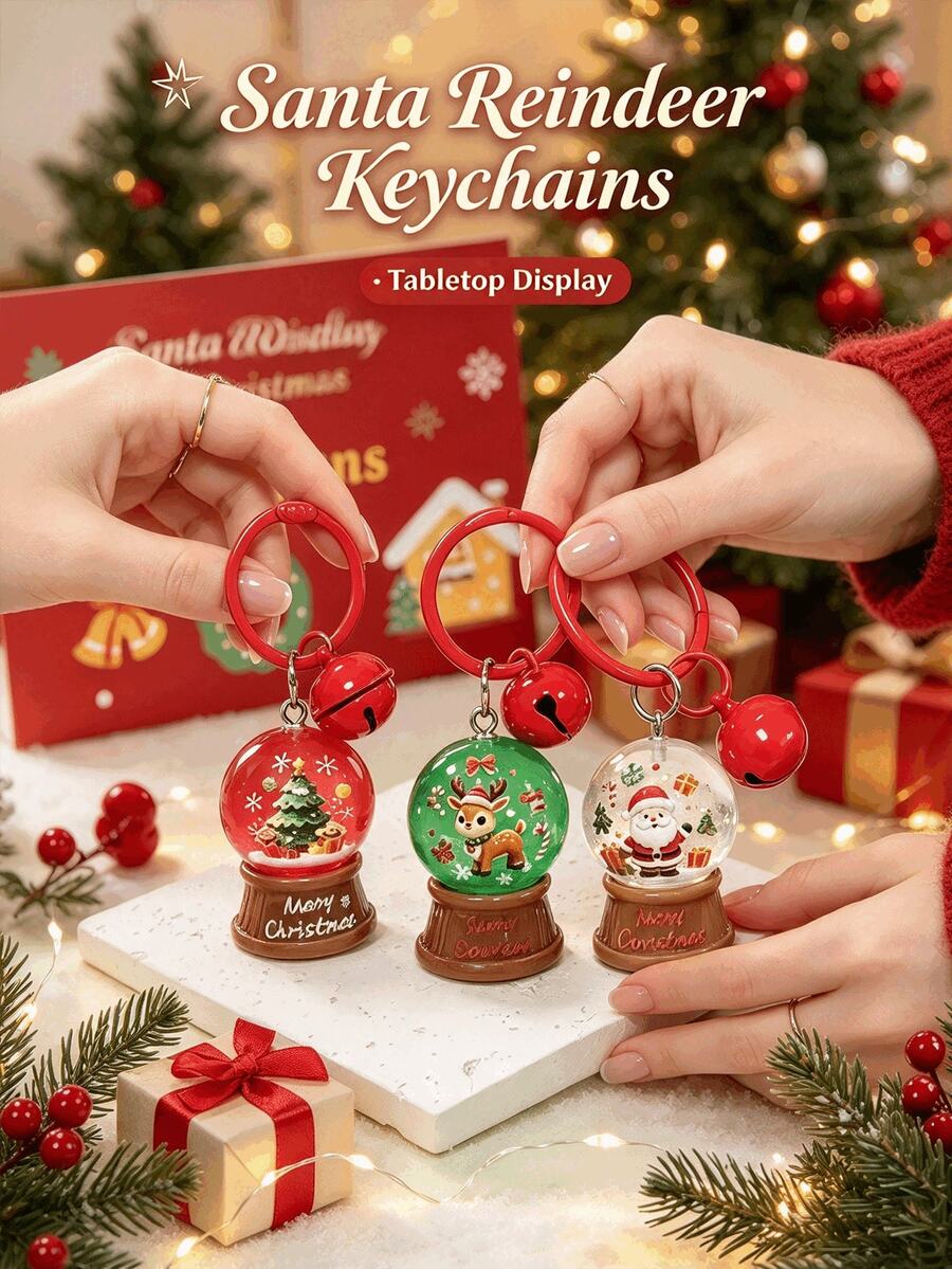 Christmas Crystal Ball Keychain, Holiday Bag Charm Pendant, Decorative Bell, Santa Claus, Reindeer And Christmas Tree Patterns - Multicolor - View 1