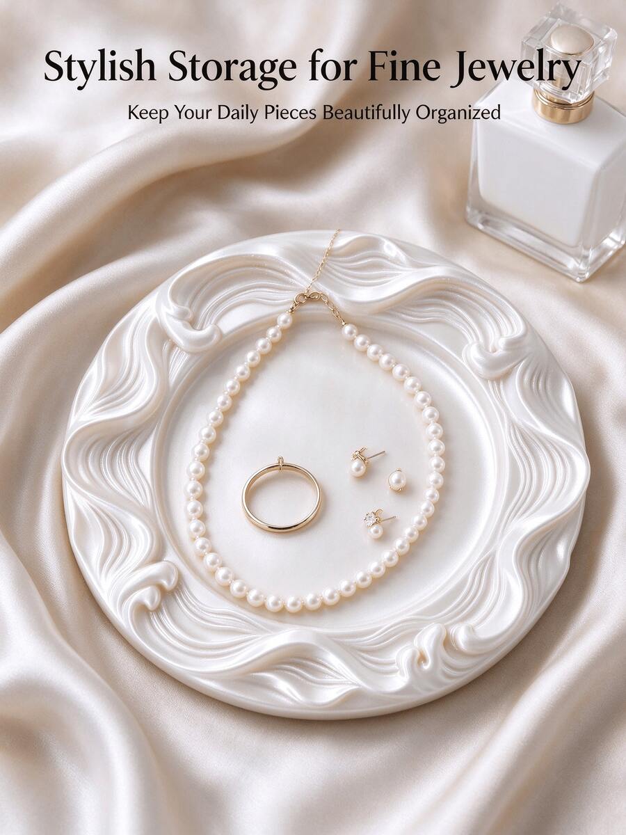 1pc Carved Wavy Edge Round Jewelry Tray, Smooth Pearlescent Resin Vanity Decor Tray, Desktop Small Accessories Storage Dish, Home Bedroom Tabletop Ornament, Housewarming Gift - Multicolor - View 1