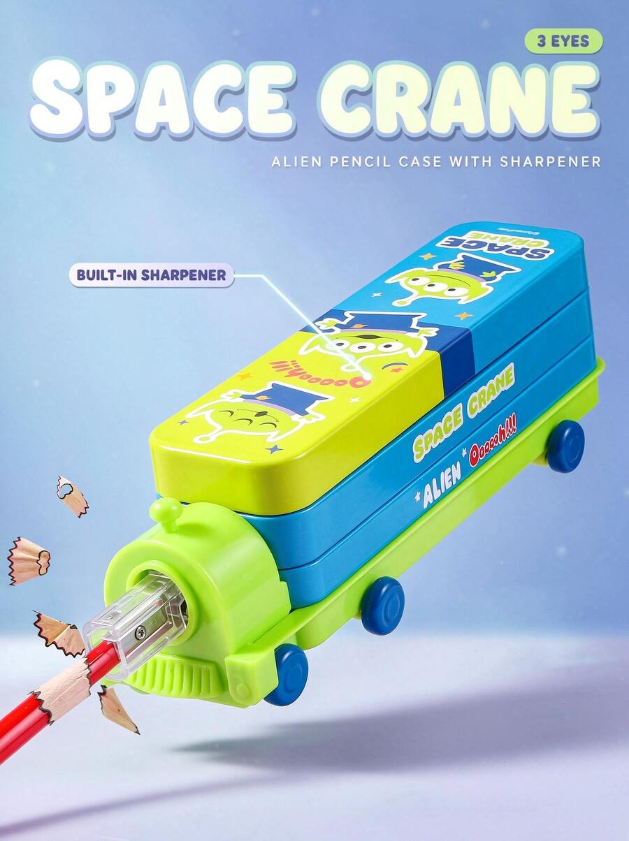 Monogram Disney 1PC Style Alien Pencil Case, Space Crane Design With Wheels & Slide, Cute Cartoon Double-Layer Tinplate Stationery Storage Box For Daily Use Fan Gift - A - View 1