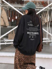 Women's Vintage Letter Print Sweatshirt, Black Loose Fit Crew Neck Long Sleeve Casual Pullover - Black - View 2