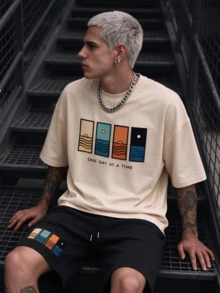 Simple Studio | Men's Summer Minimalist Vintage Graphic Print Round Neck Short Sleeve Casual T-Shirt And Drawstring Waist Shorts Set - Apricot - View 2