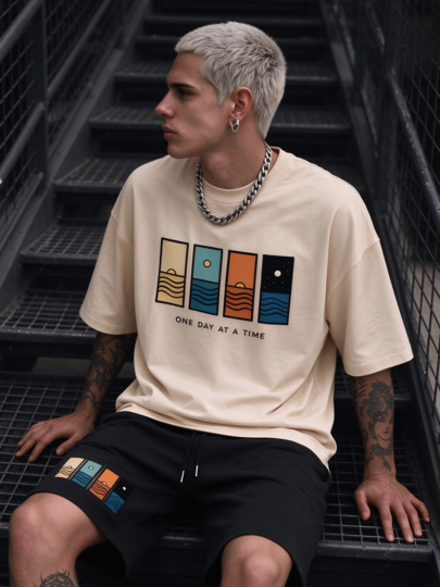 Simple Studio | Men's Summer Minimalist Vintage Graphic Print Round Neck Short Sleeve Casual T-Shirt And Drawstring Waist Shorts Set