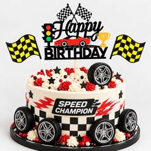 Bộ trang trí bánh sinh nhật chủ đề đua xe 8 món – gồm cờ caro, topper "Happy Birthday" và trang trí lốp xe đua; phù hợp cho tiệc sinh nhật chủ đề đua xe và bánh 8 hoặc 10 inch - Nhiều màu - Xem 8