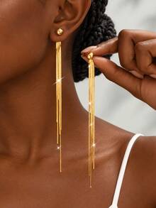 1 Pair Gold Tassel Earrings For Women, Luxurious Elegant Dangle Earrings, Suitable For Daily Wear And Party Occasions - Yellow Gold - View 1