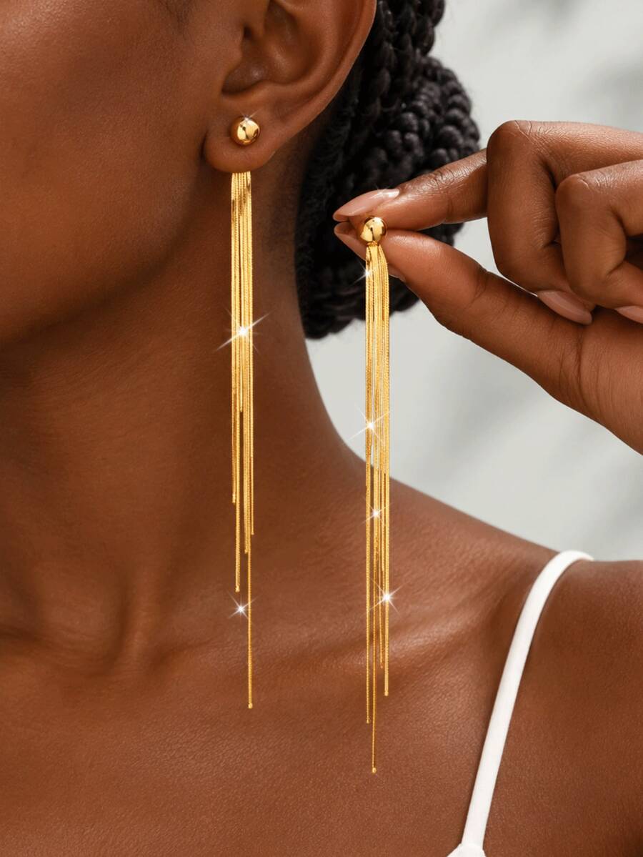 1 Pair Gold Tassel Earrings For Women, Luxurious Elegant Dangle Earrings, Suitable For Daily Wear And Party Occasions - Yellow Gold - View 1