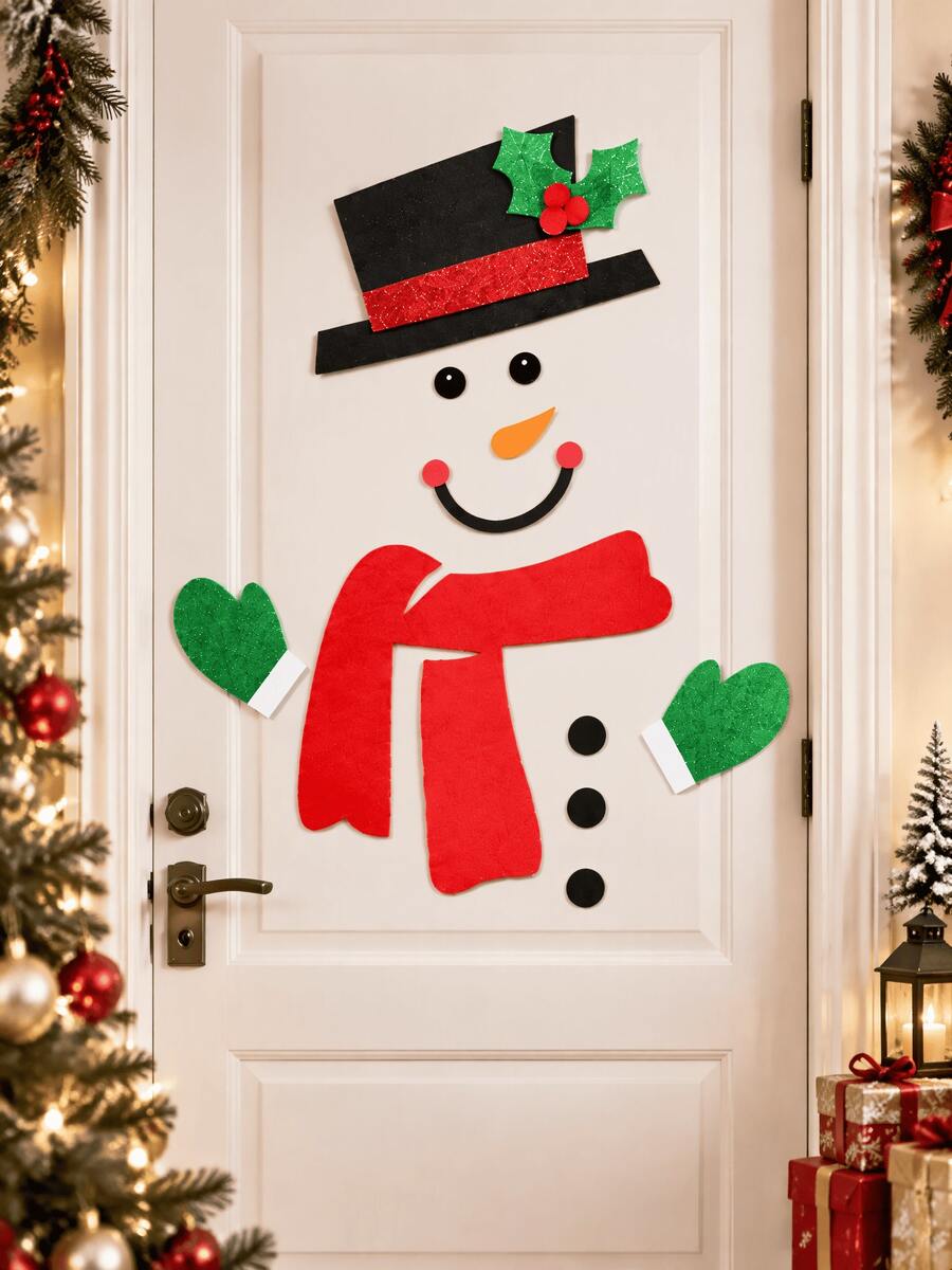 1 Set Christmas Snowman Door Sticker, Removable Felt Wall Decor, Cute Christmas Decoration Felt Snowman Cartoon, Door/Window Sticker, Store Window Accessory, Winter Holiday Decoration, Suitable For Outdoor Scenes, Kitchen, Bathroom - Snowman - View 1