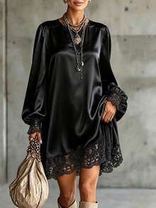 Women's Elegant Black Long Sleeve Shirt Dress, Black Lace Detail, Round Neck, Solid Color, Suitable For Casual Home Wear In Spring And Autumn - Black - View 5