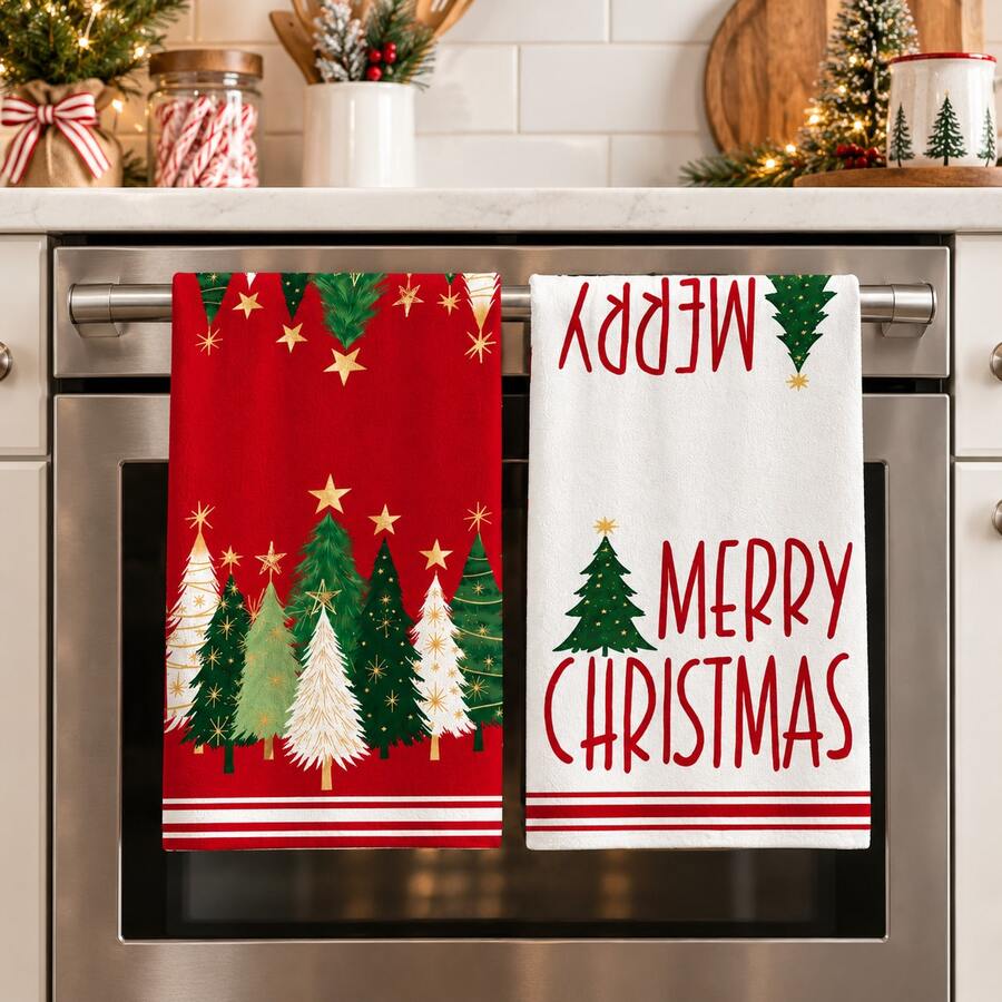 2件組聖誕樹圖案廚房手巾,Merry Christmas印花茶巾,聖誕毛巾,節日廚房居家裝飾禮物 - 彩色 - 查看 1