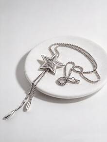 1pc Vintage Personalized Fashion Mid-Length Stainless Steel Large 3D Pentagram Pendant Necklace Men's Party Accessory - Silver - View 5