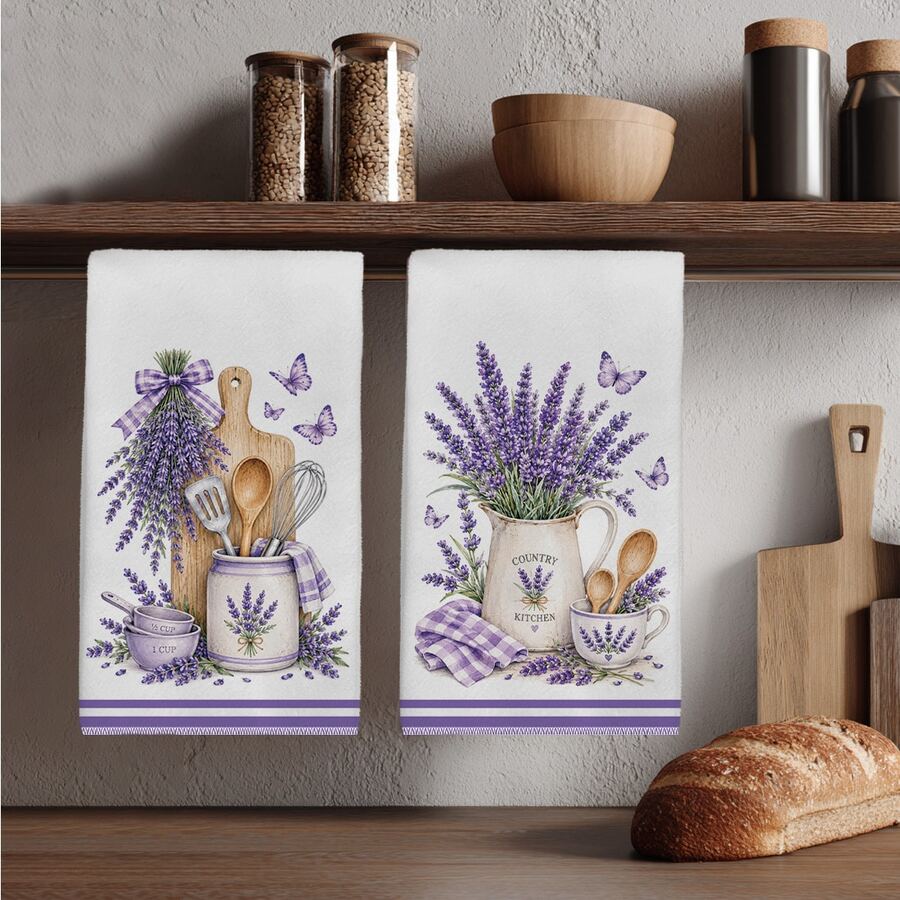 2pcs Watercolor Purple Lavender Butterfly Kitchen Towels, 40*60cm Soft Microfiber Material Tea Towels, Suitable For Home Kitchen Restaurant Outdoor Camping Tabletop Cleaning Dish Cloth Hand Towel Accessories, Kitchen Textile Towels Holiday Gift - Multicolor - View 1