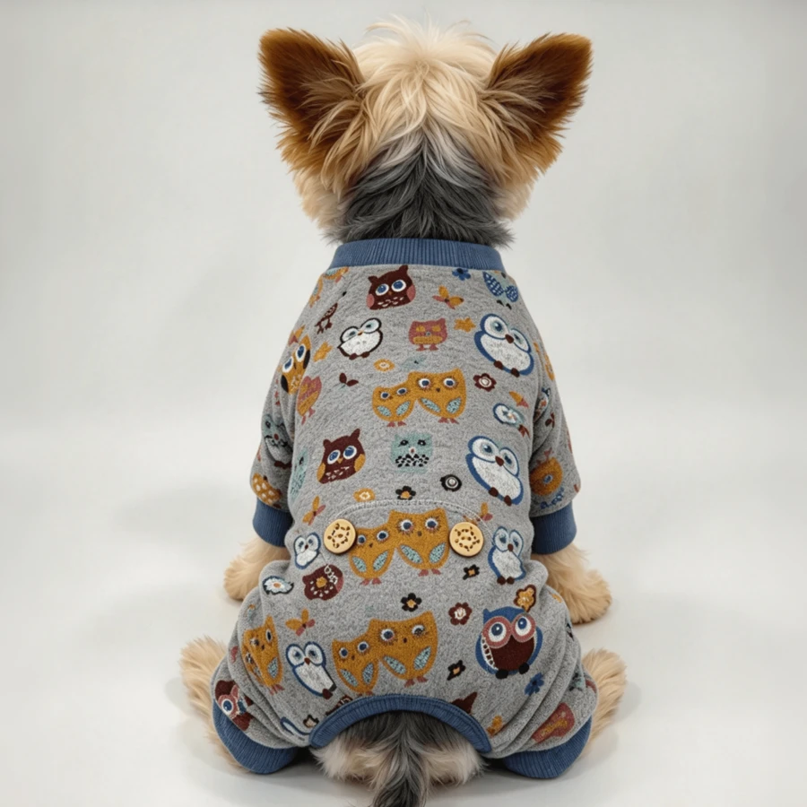Owl Print Soft Knit Dog Four Legged Pajamas, Warm Pet Jumpsuit With Tail Opening, Cute Pet Home Clothes For Small Medium Dogs - Multicolor - View 1