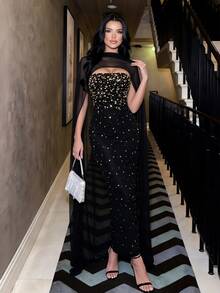 Elegant Black Ultra-Long Ribbon Strapless Beaded Bandage Evening Dress - Black - View 3