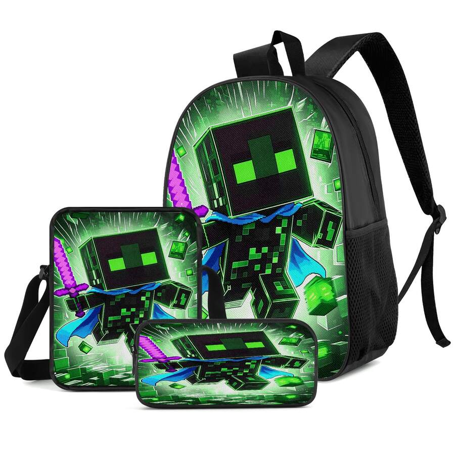 Pixel Art Green Warrior Print 3 Pieces Set Large Capacity Backpack + Crossbody Bag + Pencil Case, Adjustable Breathable Shoulder Straps, Fashion Pixel Block Adventure Game Theme Daily Commute Storage Set - Printed Bag - View 1